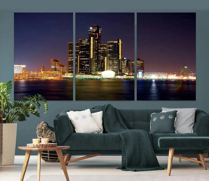 Detroit Skyscrapers Night City Lights Cityscape Wall Art Skyline Canvas Print