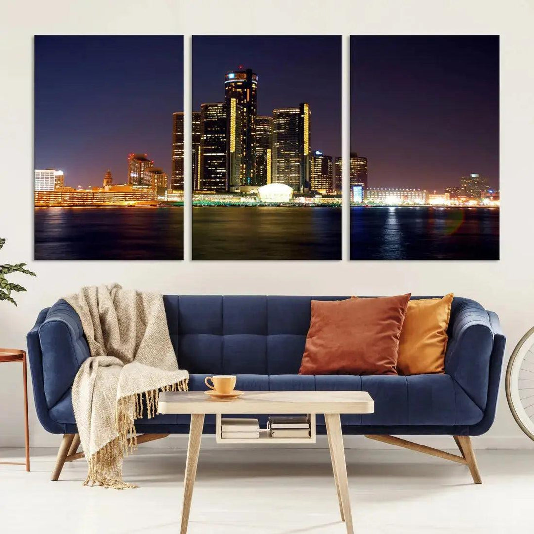 Detroit Skyscrapers Night City Lights Cityscape Wall Art Skyline Canvas Print