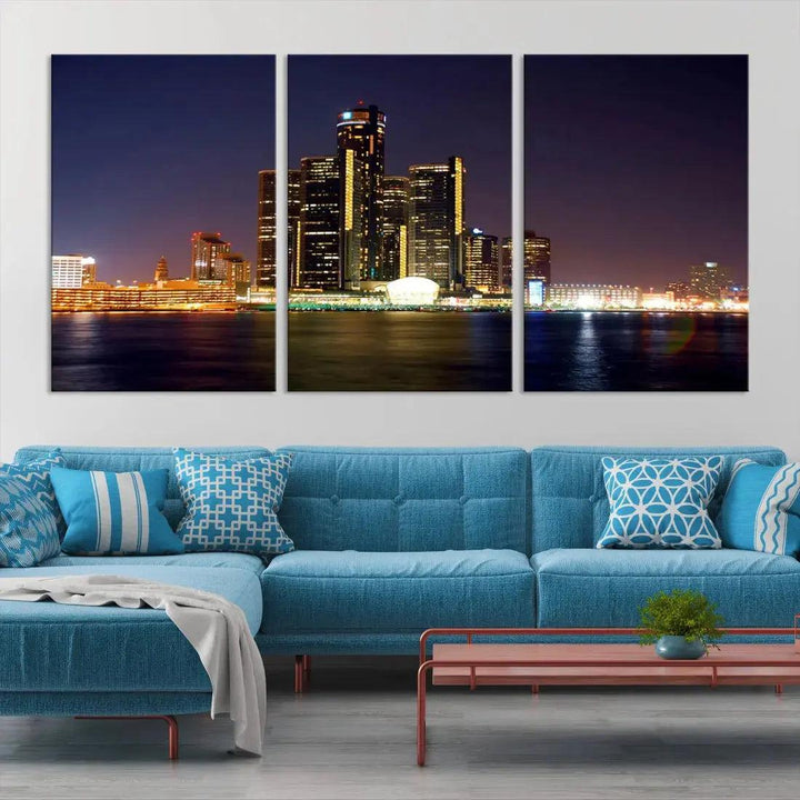 Detroit Skyscrapers Night City Lights Cityscape Wall Art Skyline Canvas Print