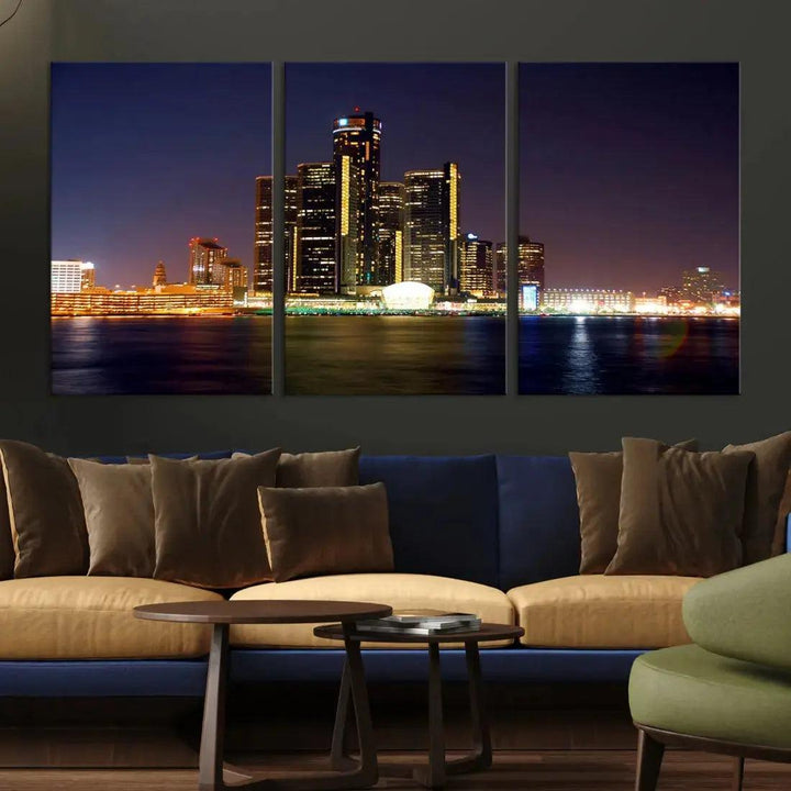 Detroit Skyscrapers Night City Lights Cityscape Wall Art Skyline Canvas Print