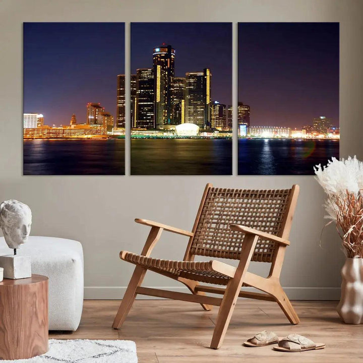 Detroit Skyscrapers Night City Lights Cityscape Wall Art Skyline Canvas Print