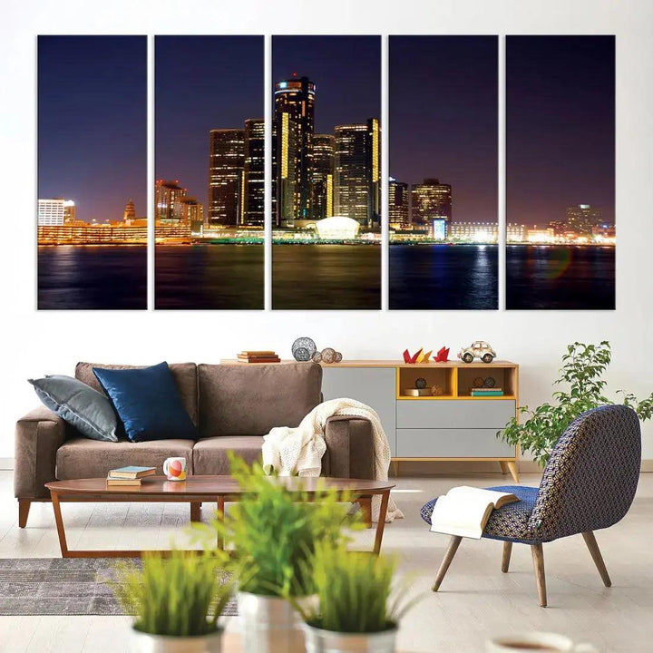 Detroit Skyscrapers Night City Lights Cityscape Wall Art Skyline Canvas Print