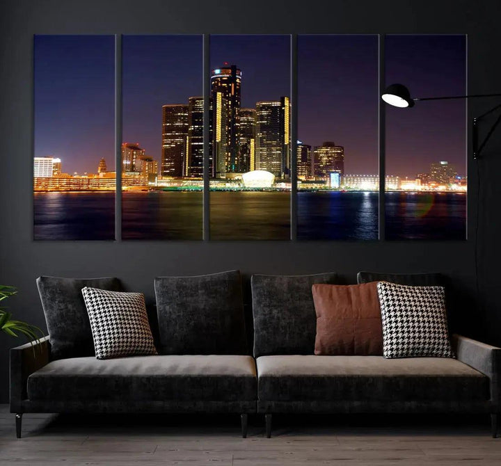 Detroit Skyscrapers Night City Lights Cityscape Wall Art Skyline Canvas Print