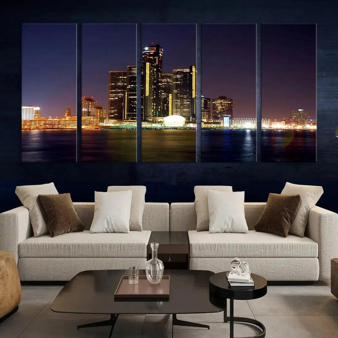 Detroit Skyscrapers Night City Lights Cityscape Wall Art Skyline Canvas Print