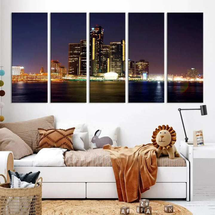 Detroit Skyscrapers Night City Lights Cityscape Wall Art Skyline Canvas Print