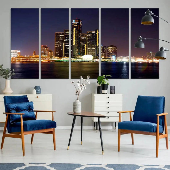 Detroit Skyscrapers Night City Lights Cityscape Wall Art Skyline Canvas Print