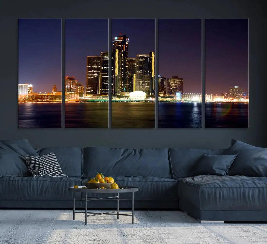 Detroit Skyscrapers Night City Lights Cityscape Wall Art Skyline Canvas Print