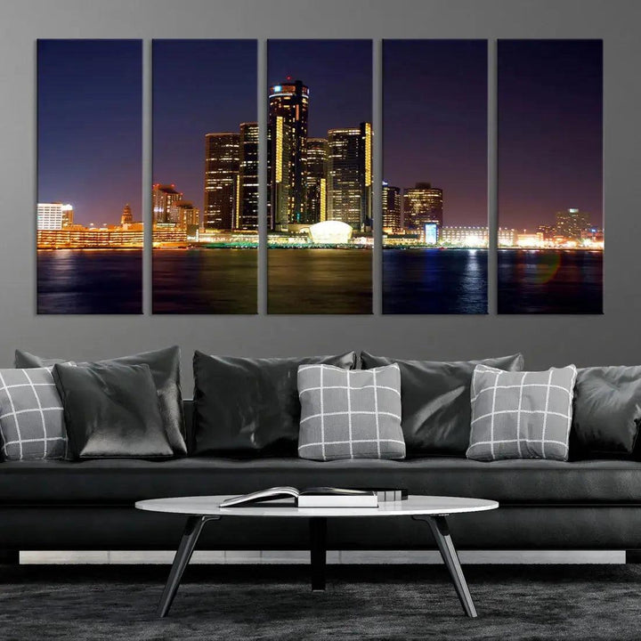 Detroit Skyscrapers Night City Lights Cityscape Wall Art Skyline Canvas Print