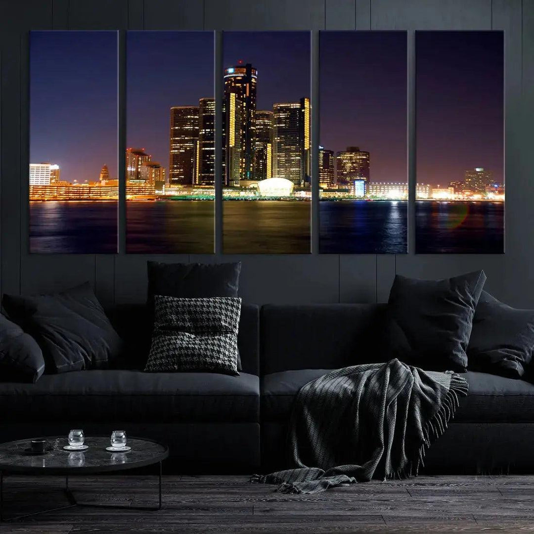 Detroit Skyscrapers Night City Lights Cityscape Wall Art Skyline Canvas Print