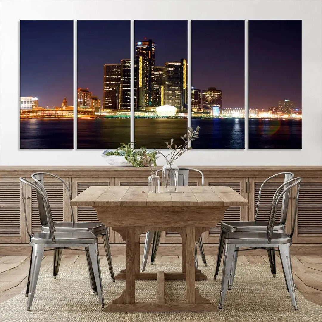 Detroit Skyscrapers Night City Lights Cityscape Wall Art Skyline Canvas Print