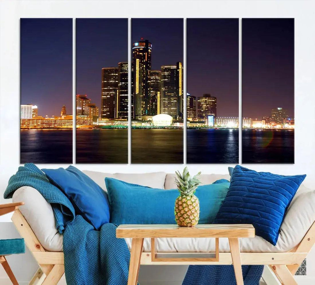 Detroit Skyscrapers Night City Lights Cityscape Wall Art Skyline Canvas Print