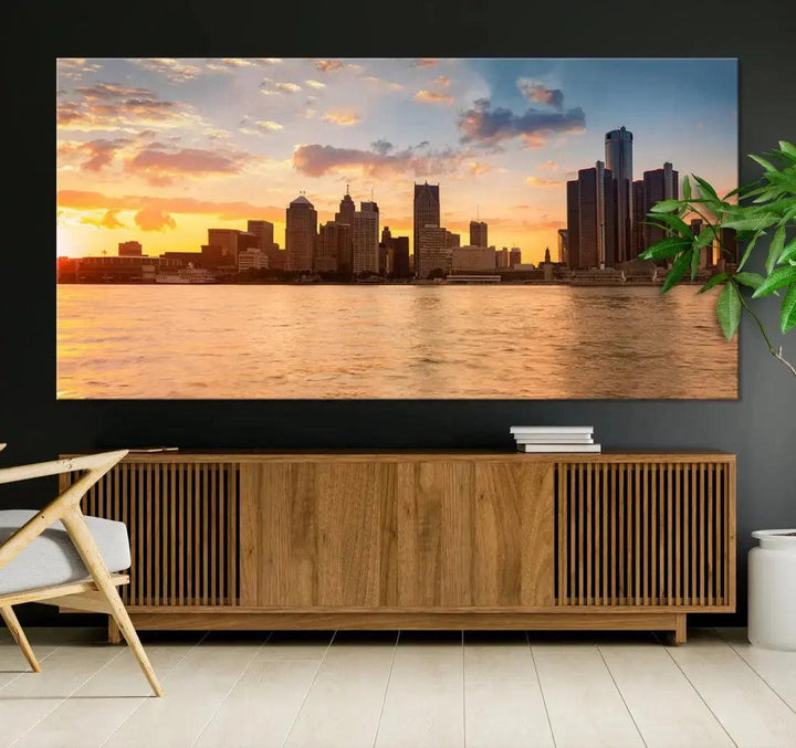 Detroit Sunrise Photography Skyline Cityscape Large Wall Art Canvas Print