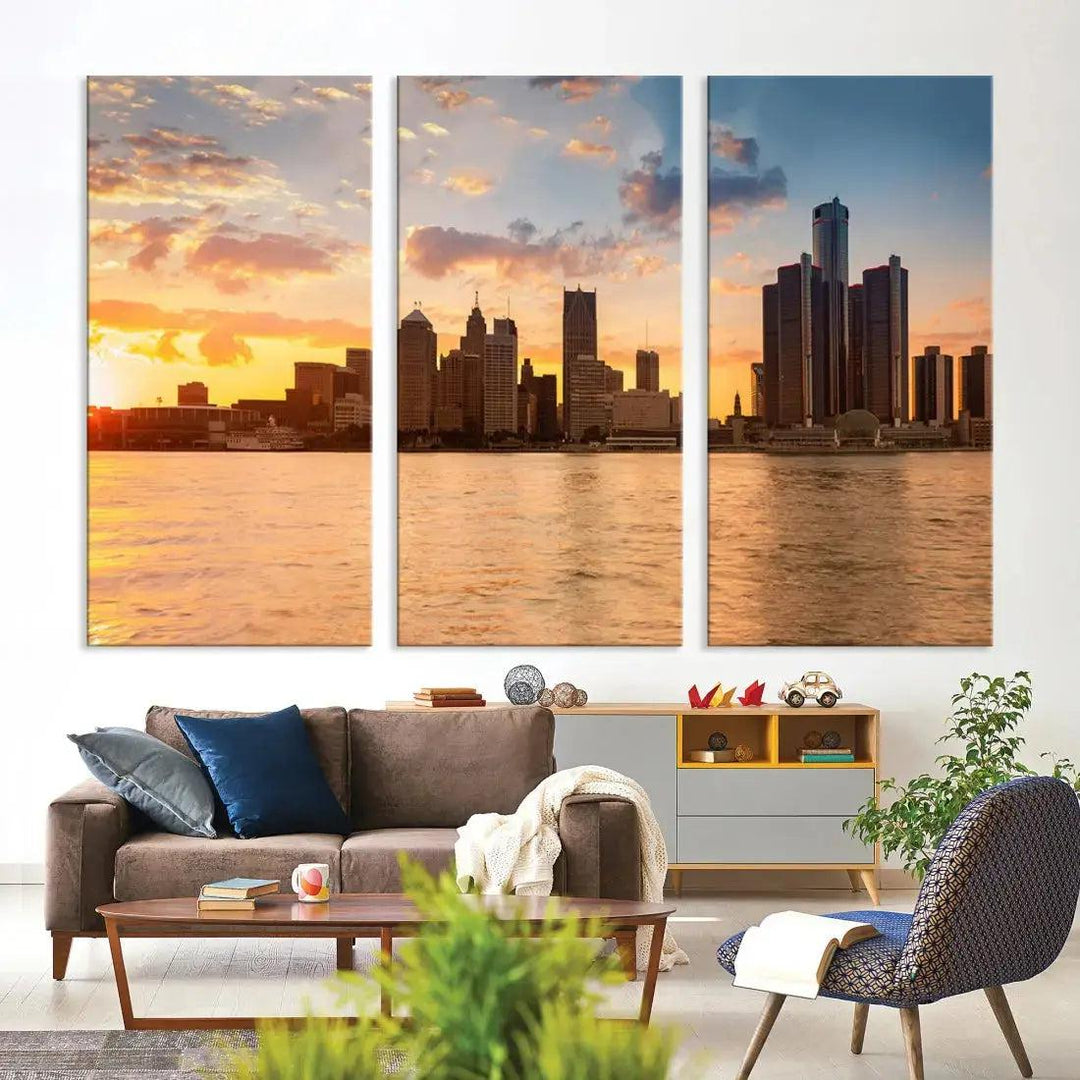 Detroit Sunrise Photography Skyline Cityscape Large Wall Art Canvas Print