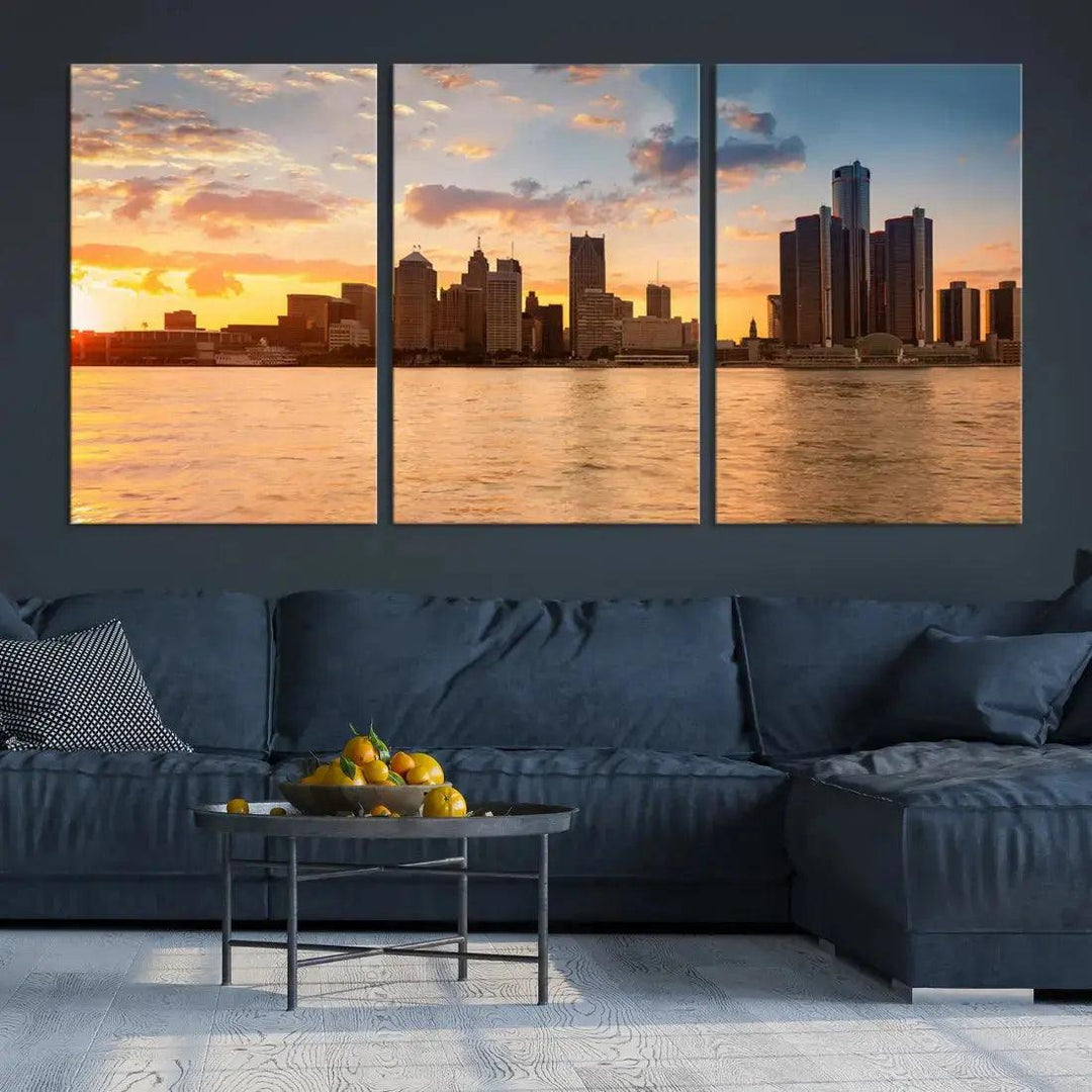 Detroit Sunrise Photography Skyline Cityscape Large Wall Art Canvas Print