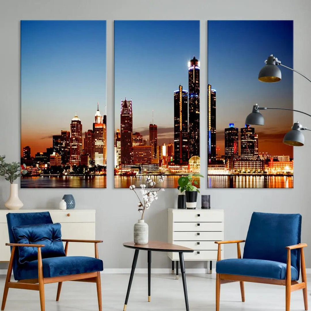 Detroit Towers at Sunset Skyline Cityscape Large Wall Art Canvas Print