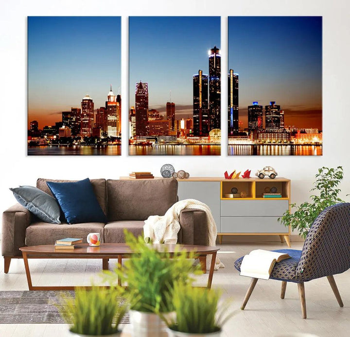 Detroit Towers at Sunset Skyline Cityscape Large Wall Art Canvas Print