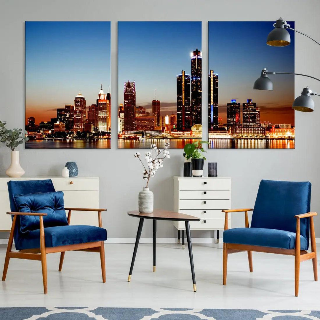 Detroit Towers at Sunset Skyline Cityscape Large Wall Art Canvas Print