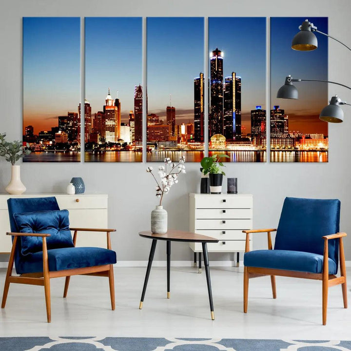 Detroit Towers at Sunset Skyline Cityscape Large Wall Art Canvas Print