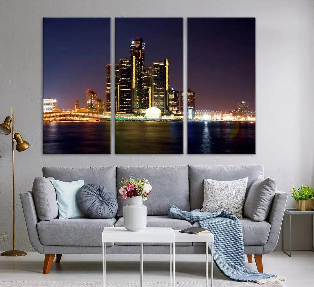 Detroit Wall Art Night Skyline Canvas Print Framed Living Room Office Decor