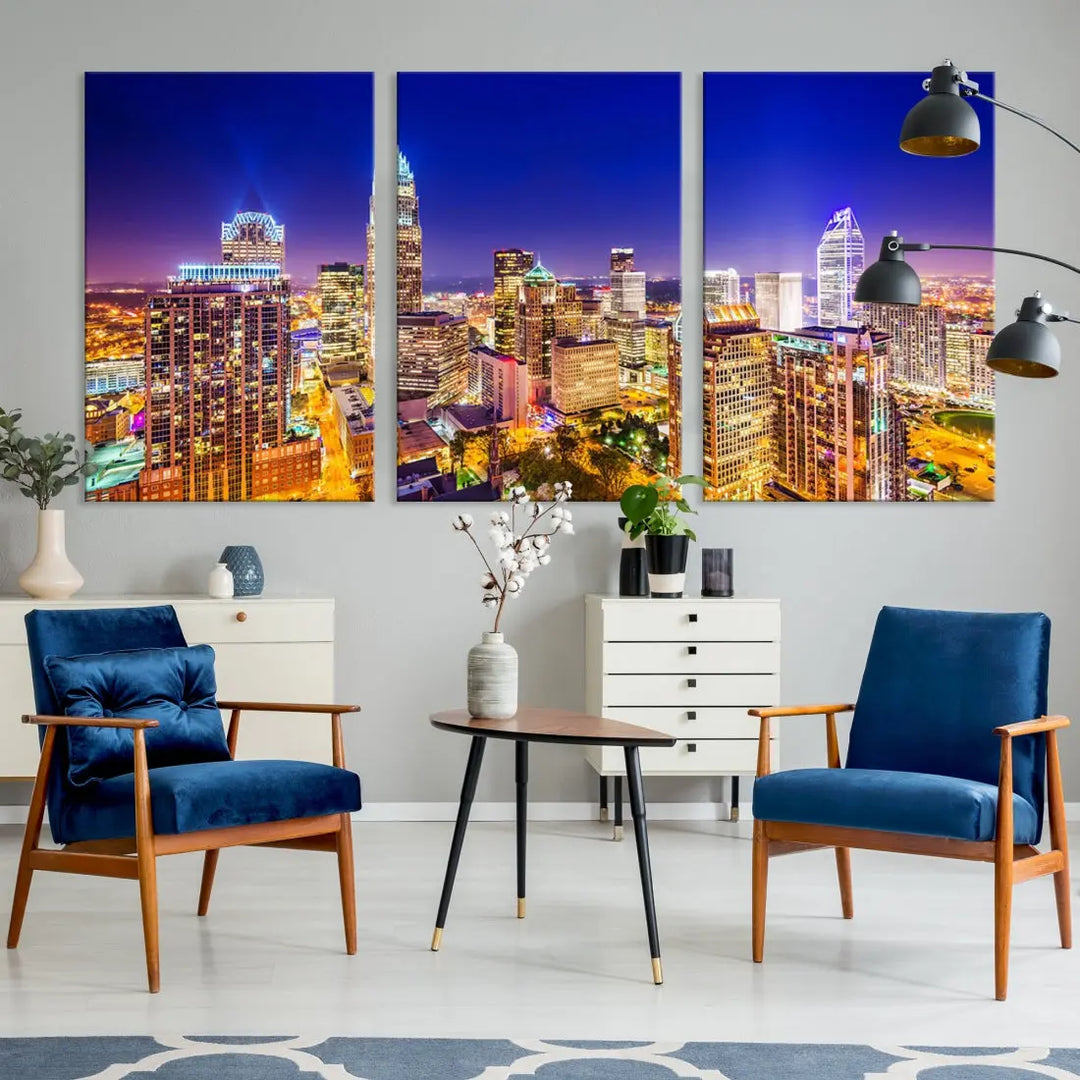 Downtown Charlotte City Lights Night Skyline Cityscape Canvas Wall Art Print