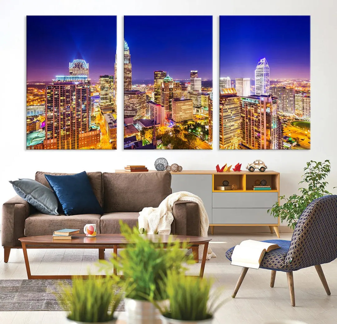 Downtown Charlotte City Lights Night Skyline Cityscape Canvas Wall Art Print