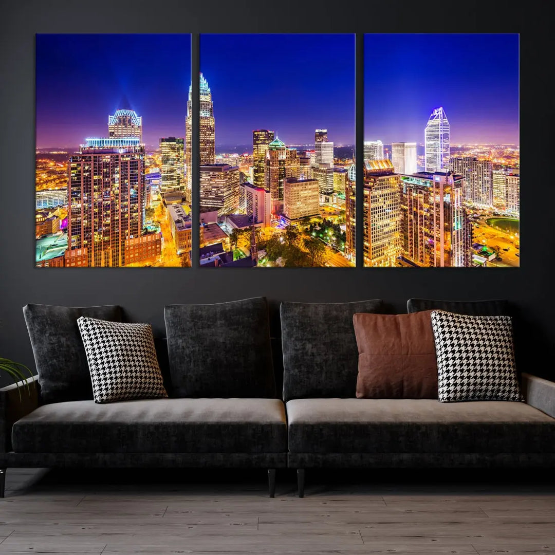 Downtown Charlotte City Lights Night Skyline Cityscape Canvas Wall Art Print