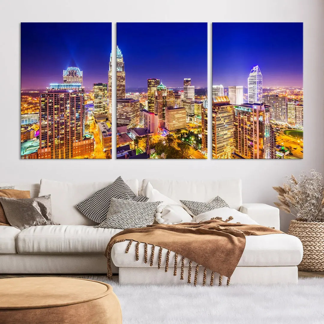 Downtown Charlotte City Lights Night Skyline Cityscape Canvas Wall Art Print