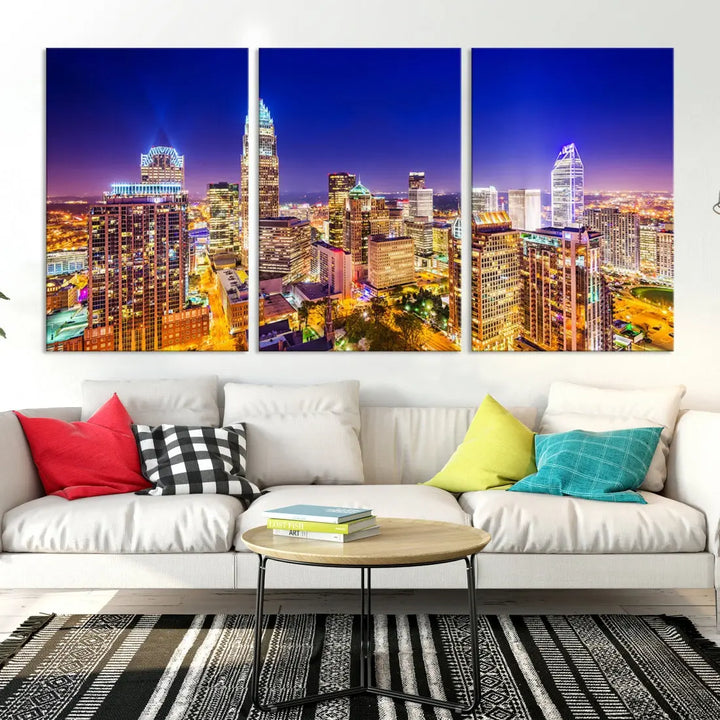 Downtown Charlotte City Lights Night Skyline Cityscape Canvas Wall Art Print