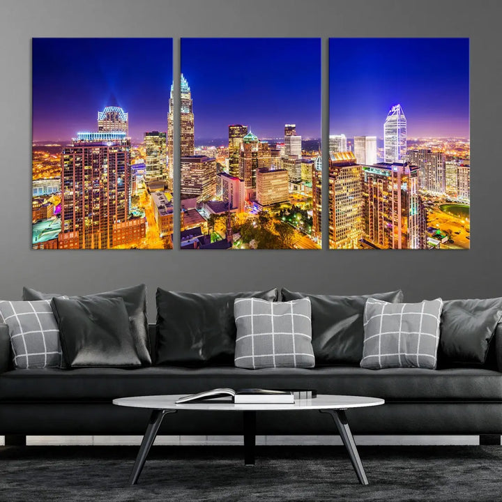 Downtown Charlotte City Lights Night Skyline Cityscape Canvas Wall Art Print