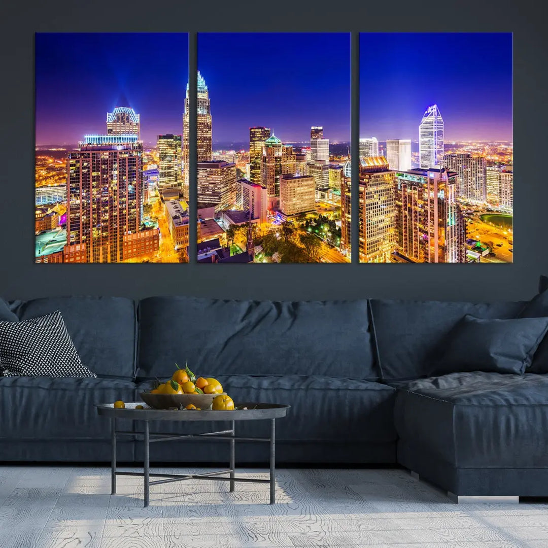 Downtown Charlotte City Lights Night Skyline Cityscape Canvas Wall Art Print