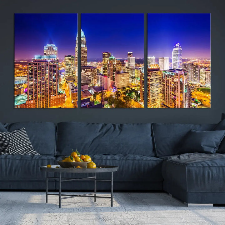 Downtown Charlotte City Lights Night Skyline Cityscape Canvas Wall Art Print