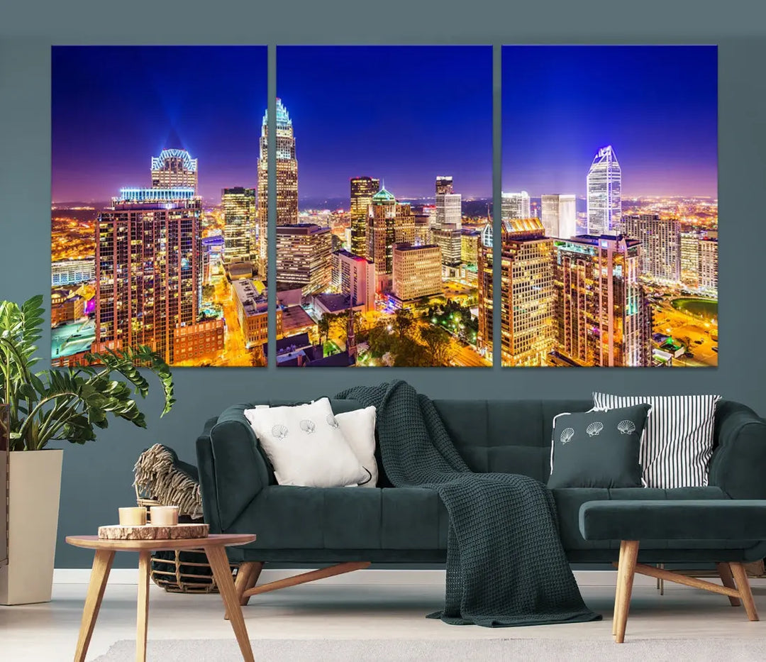 Downtown Charlotte City Lights Night Skyline Cityscape Canvas Wall Art Print