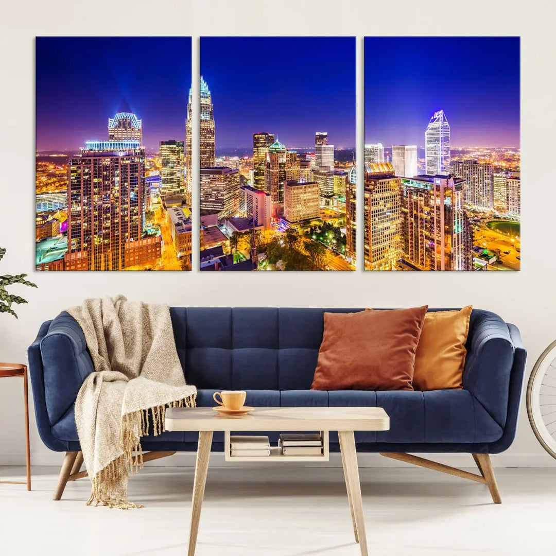 Downtown Charlotte City Lights Night Skyline Cityscape Canvas Wall Art Print