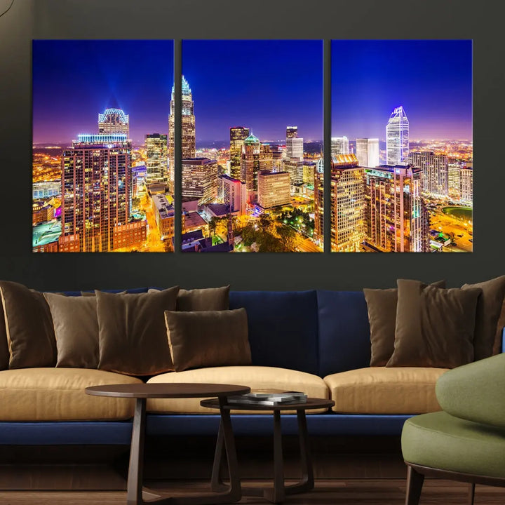 Downtown Charlotte City Lights Night Skyline Cityscape Canvas Wall Art Print