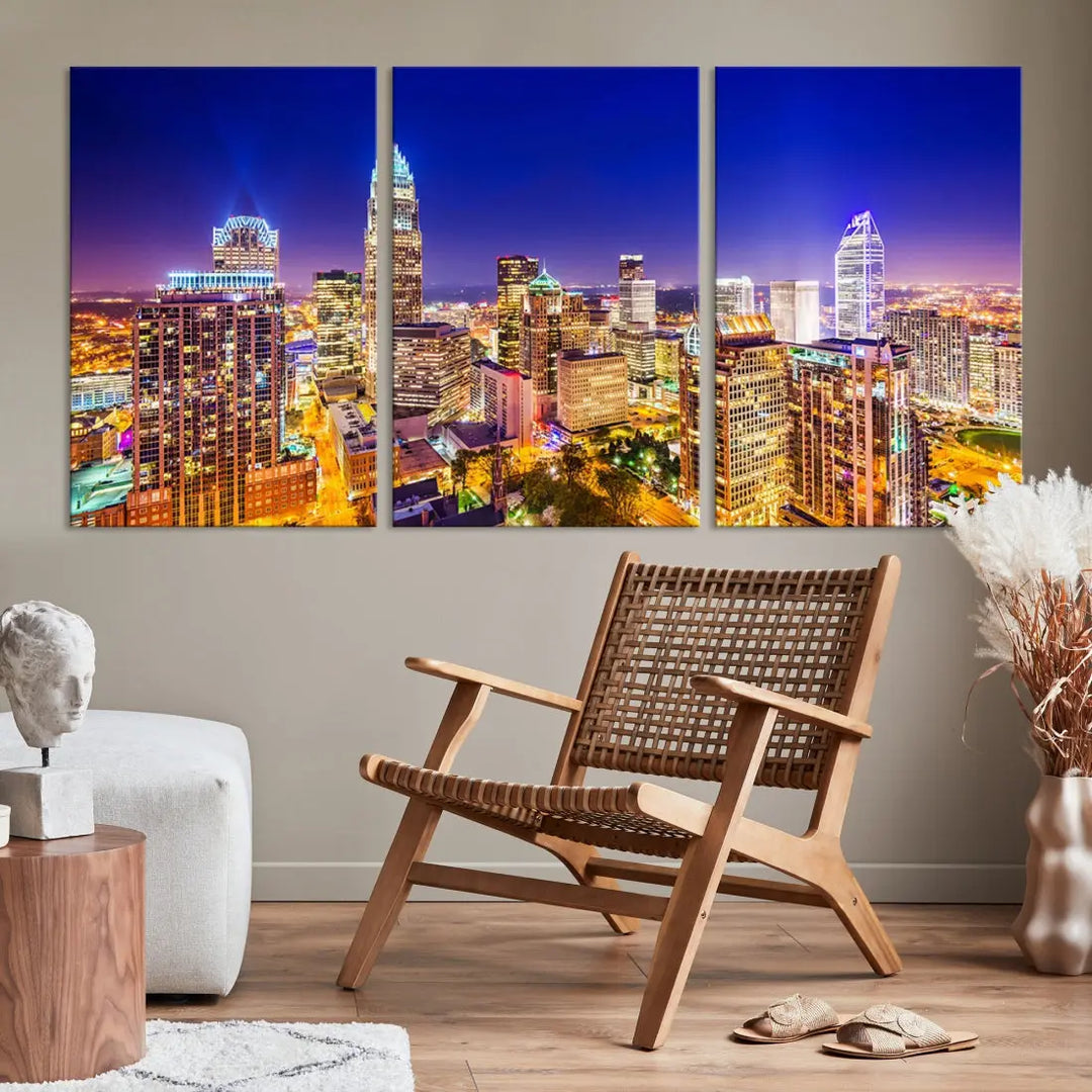 Downtown Charlotte City Lights Night Skyline Cityscape Canvas Wall Art Print