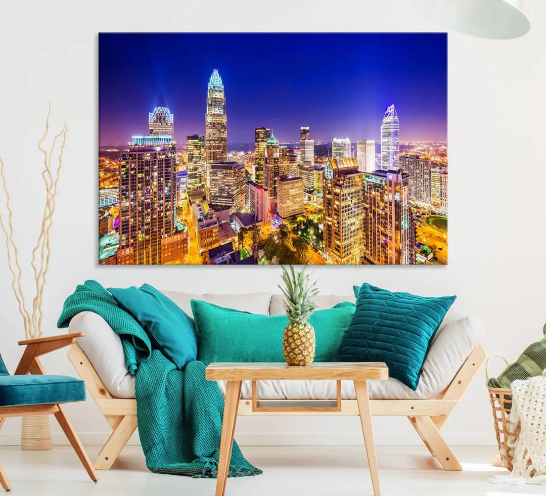 Downtown Charlotte City Lights Night Skyline Cityscape Canvas Wall Art Print