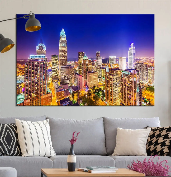 Downtown Charlotte City Lights Night Skyline Cityscape Canvas Wall Art Print