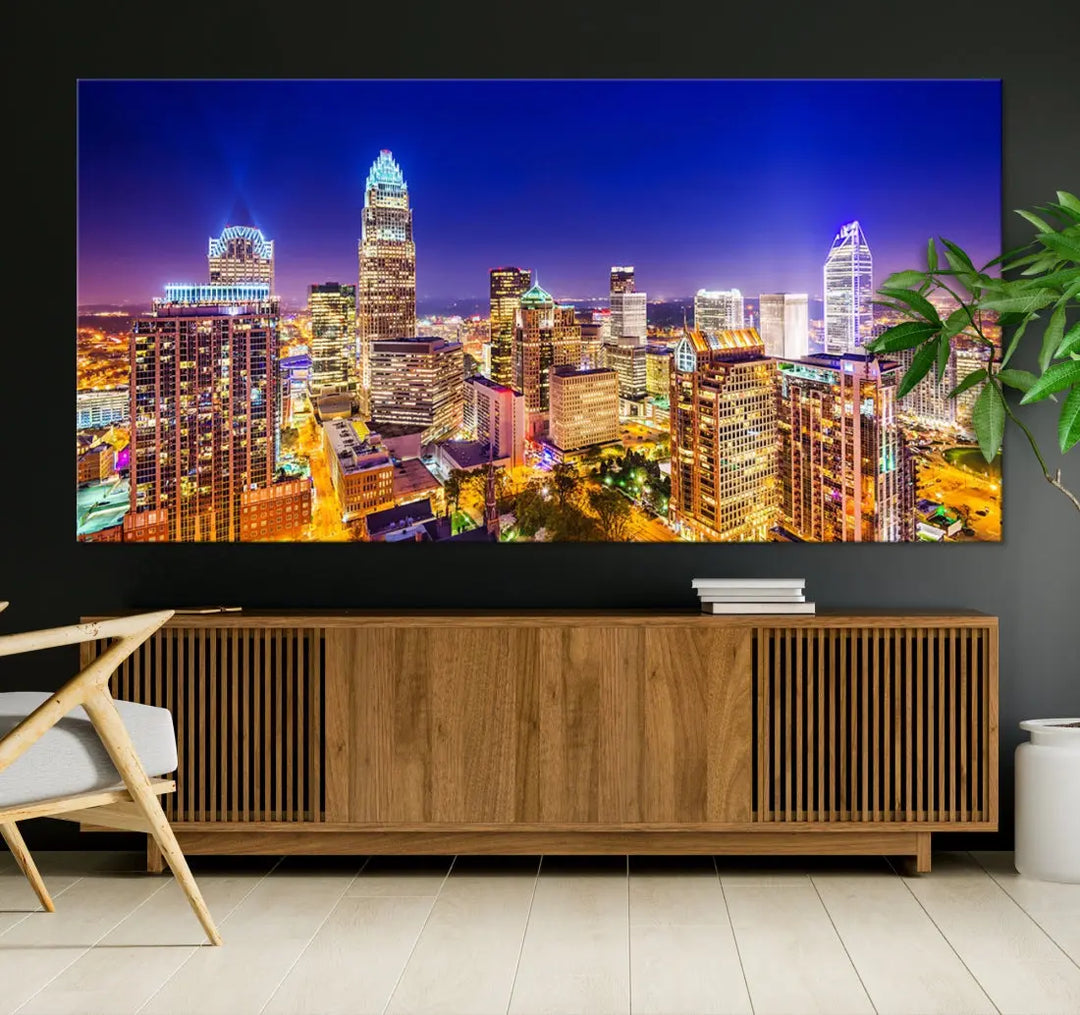 Downtown Charlotte City Lights Night Skyline Cityscape Canvas Wall Art Print