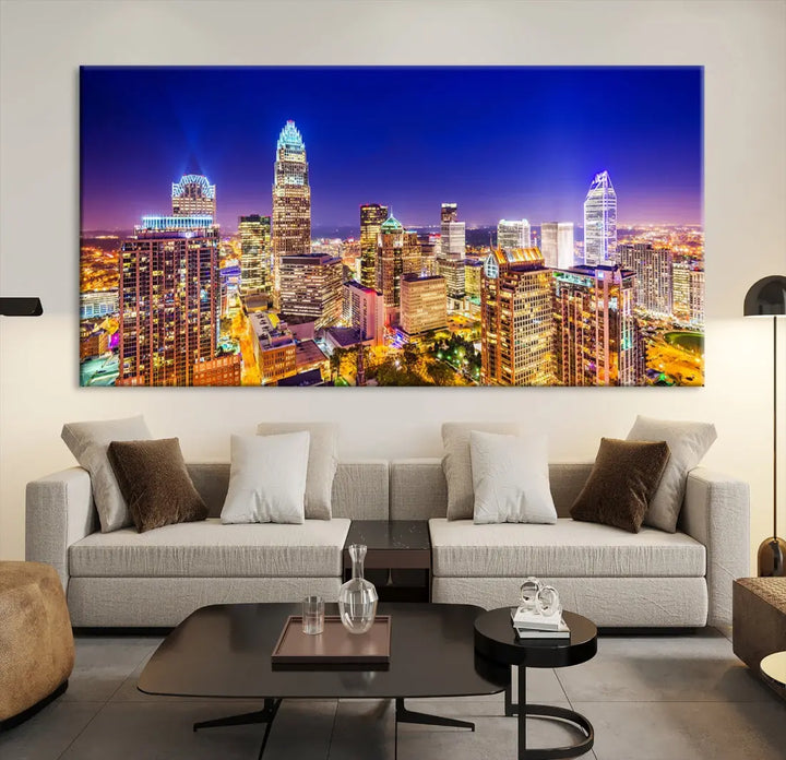 Downtown Charlotte City Lights Night Skyline Cityscape Canvas Wall Art Print