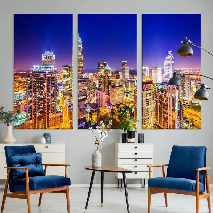 Downtown Charlotte City Lights Night Skyline Cityscape Canvas Wall Art Print