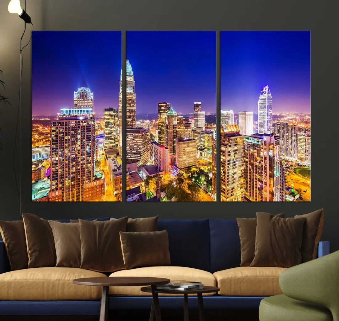 Downtown Charlotte City Lights Night Skyline Cityscape Canvas Wall Art Print