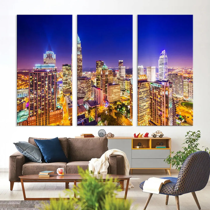 Downtown Charlotte City Lights Night Skyline Cityscape Canvas Wall Art Print