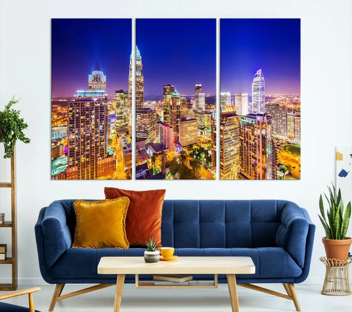 Downtown Charlotte City Lights Night Skyline Cityscape Canvas Wall Art Print