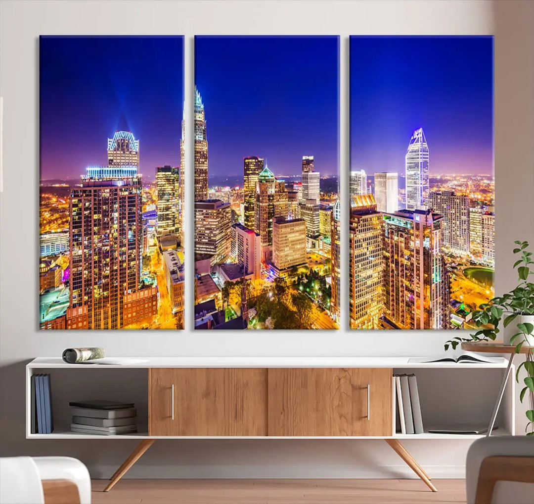 Downtown Charlotte City Lights Night Skyline Cityscape Canvas Wall Art Print