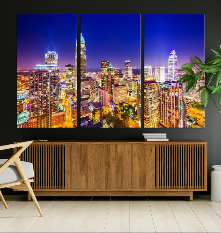 Downtown Charlotte City Lights Night Skyline Cityscape Canvas Wall Art Print