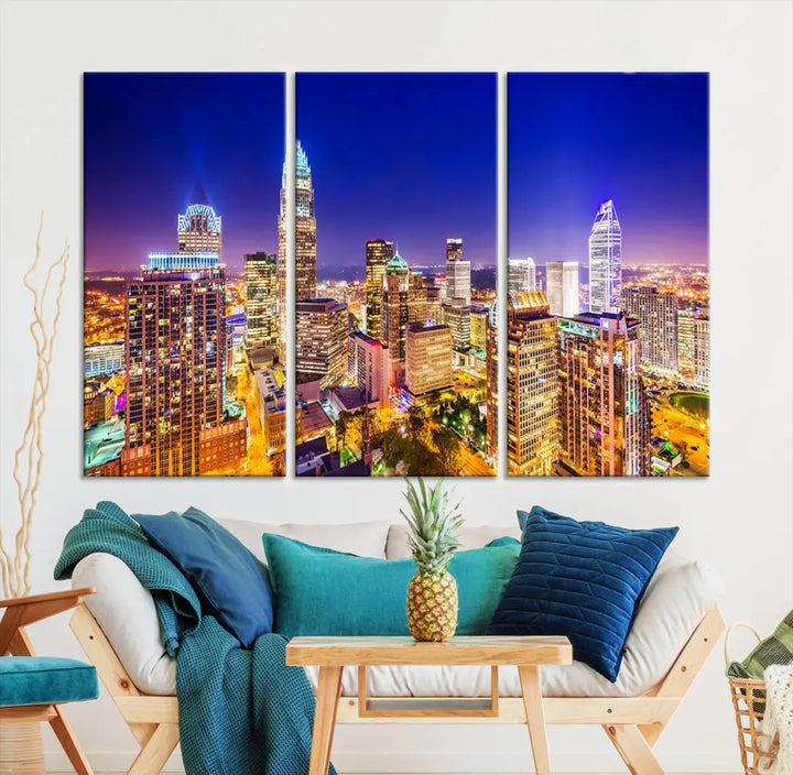 Downtown Charlotte City Lights Night Skyline Cityscape Canvas Wall Art Print