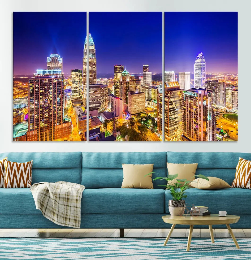 Downtown Charlotte City Lights Night Skyline Cityscape Canvas Wall Art Print