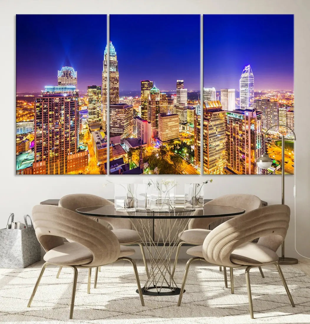 Downtown Charlotte City Lights Night Skyline Cityscape Canvas Wall Art Print