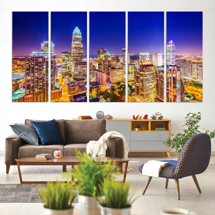 Downtown Charlotte City Lights Night Skyline Cityscape Canvas Wall Art Print