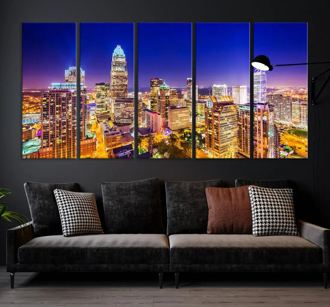 Downtown Charlotte City Lights Night Skyline Cityscape Canvas Wall Art Print